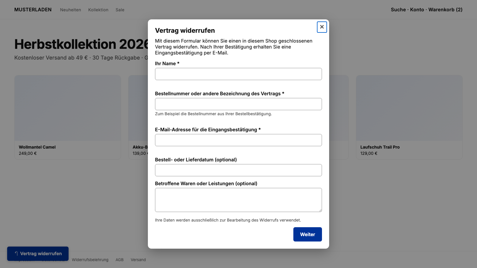 Widerrufsbutton und Dialog in einem Shop