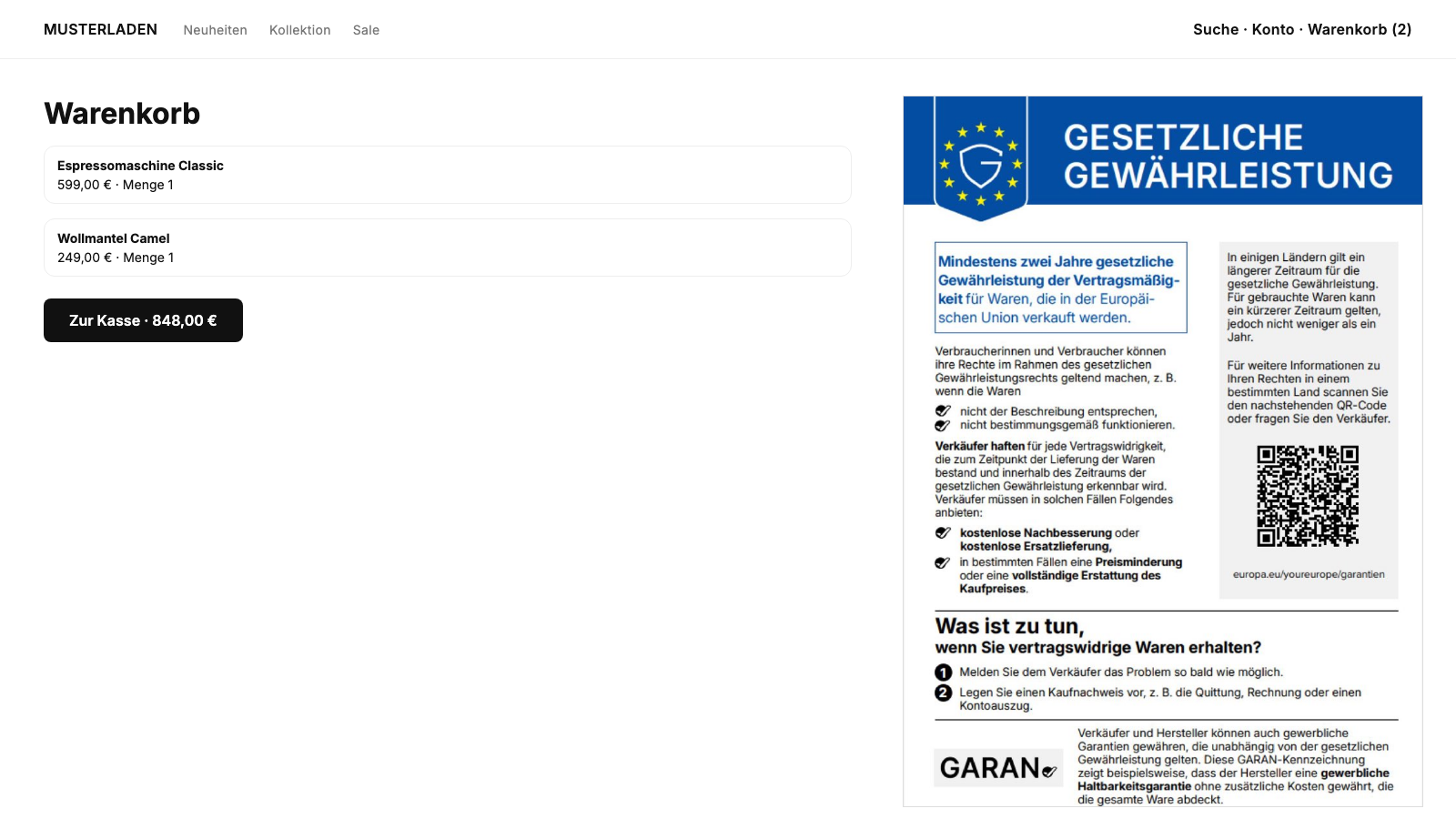 Gewährleistungshinweis im Warenkorb