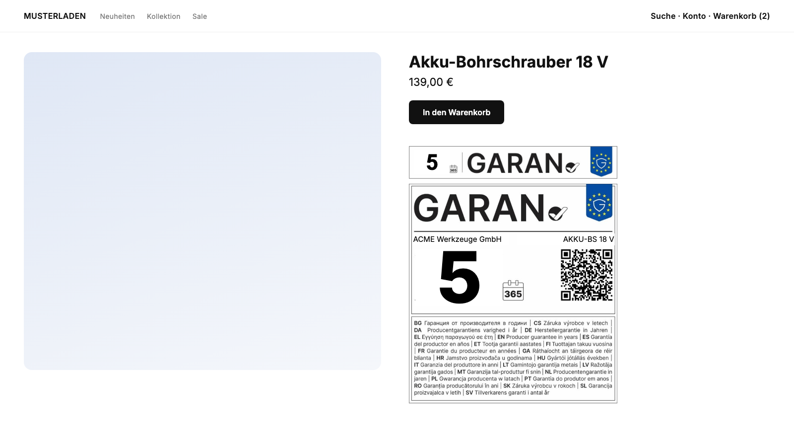 GARAN-Kennzeichnung auf der Produktseite