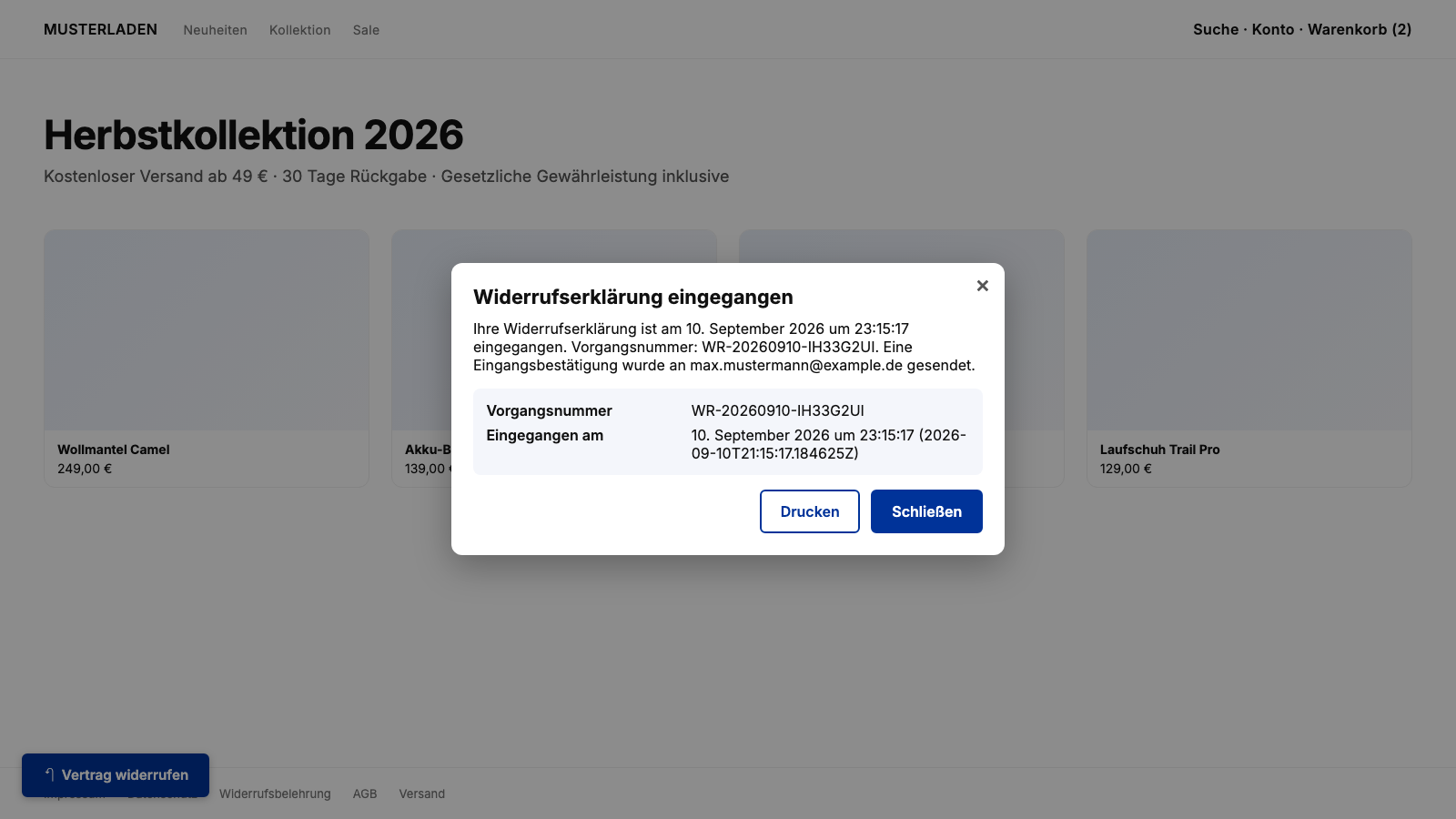 Eingangsbestätigung mit Vorgangsnummer und Zeitstempel
