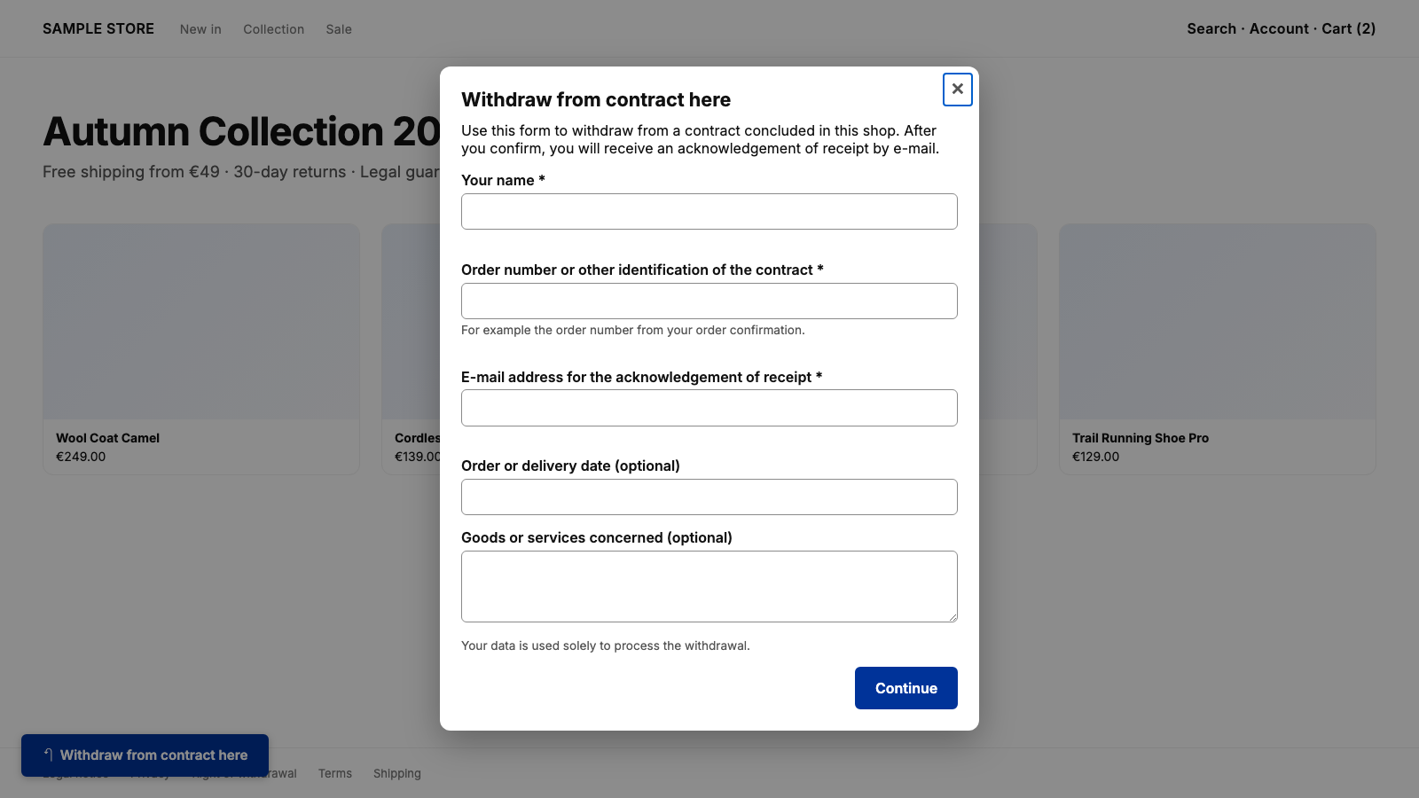 Withdrawal button and dialog in a storefront