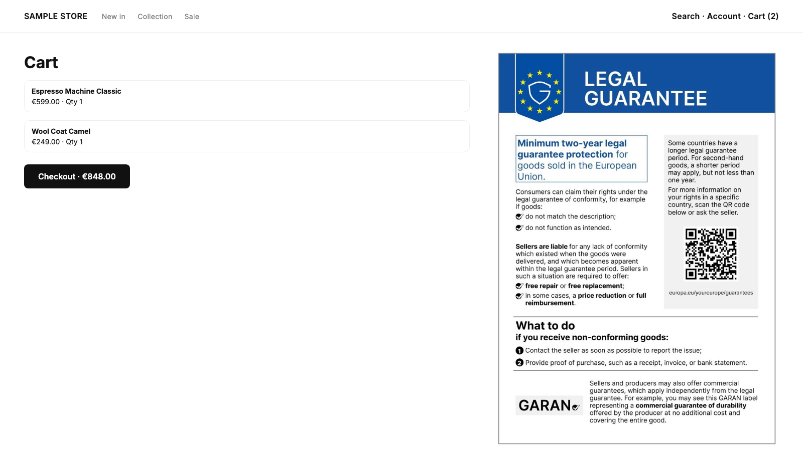 Legal-guarantee notice in the cart