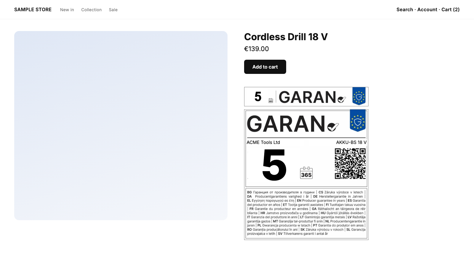 GARAN label on the product page