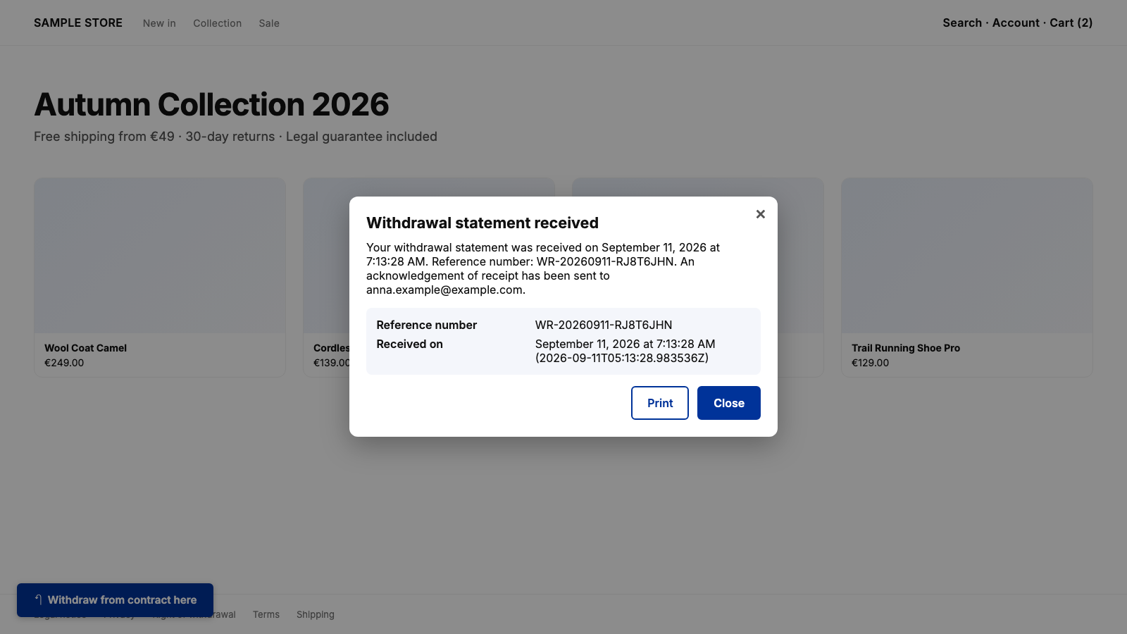 Receipt with reference number and timestamp